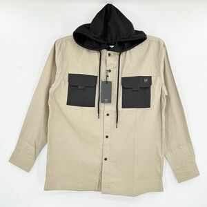 WXYZ Men's Tan Black Pocket Hooded Shirt Size Medium Long Sleeve NWT